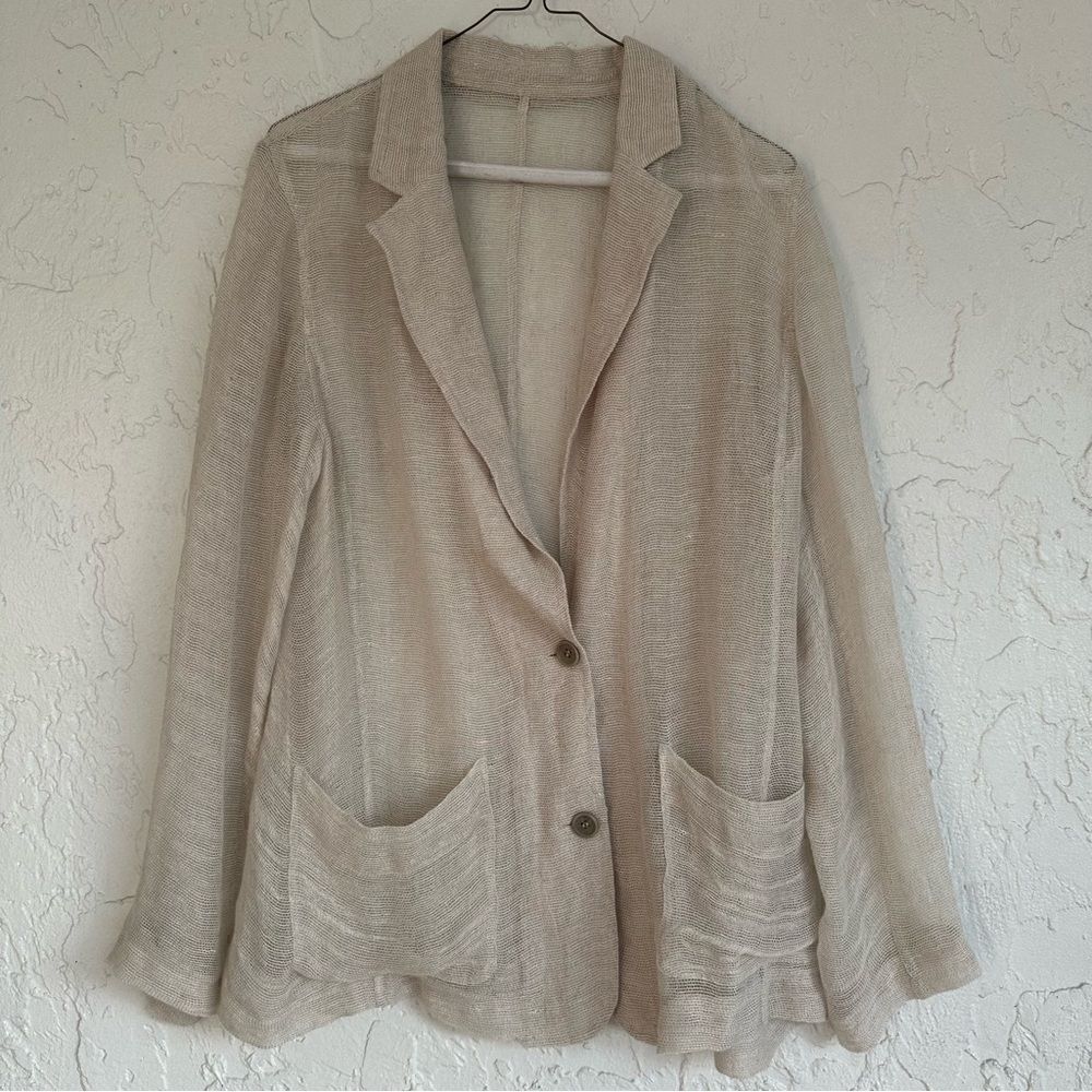 Neutral Coastal Knit Linen Blazer Women Size‎ Medium Double Button Pocket Beige